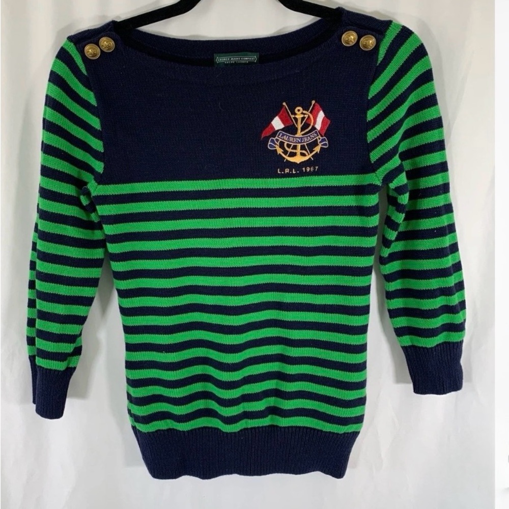 Ralph Lauren Navy and Green Striped 3/4 Sleeve Nautical Sweater (XS)